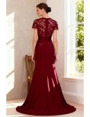 Burgundy Fitted Formal Gown with Lace Applique and Cap Sleeves