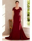 Burgundy Fitted Formal Gown with Lace Applique and Cap Sleeves