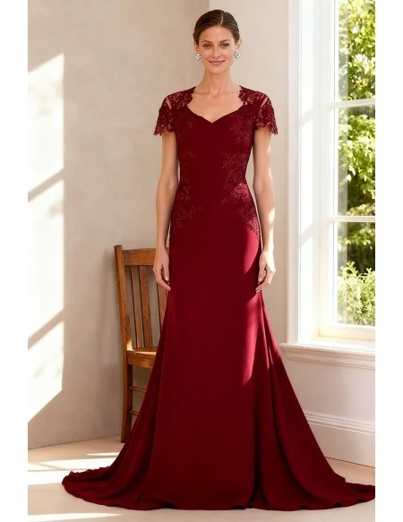 Burgundy Fitted Formal Gown with Lace Applique and Cap Sleeves