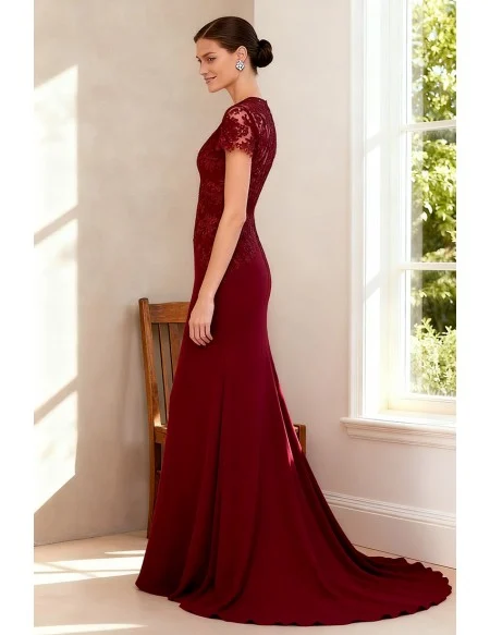 Burgundy Fitted Formal Gown with Lace Applique and Cap Sleeves