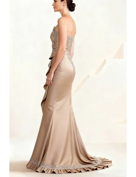 Champagne Mermaid Wedding Party Dress with Ruffles and Embroidered Bodice