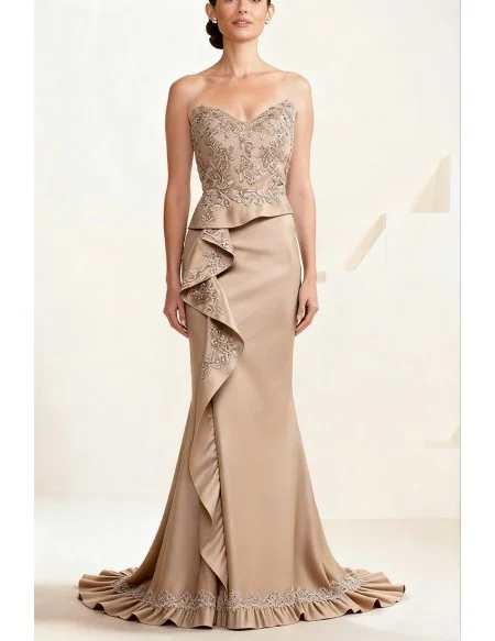 Champagne Mermaid Wedding Party Dress with Ruffles and Embroidered Bodice