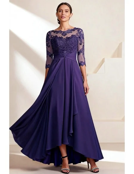 Purple High Low Wedding Party Dress with Sheer Lace Sleeves