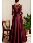 Burgundy Wedding Party Dress with Three Quarter Sleeve and High Slit Design