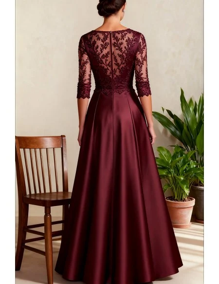 Burgundy Wedding Party Dress with Three Quarter Sleeve and High Slit Design