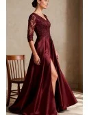 Burgundy Wedding Party Dress with Three Quarter Sleeve and High Slit Design