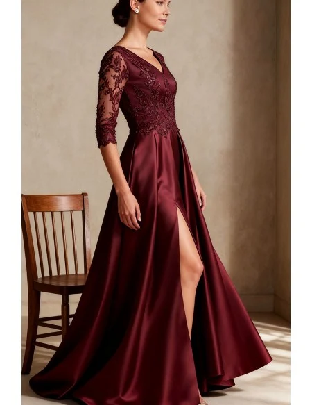 Burgundy Wedding Party Dress with Three Quarter Sleeve and High Slit Design