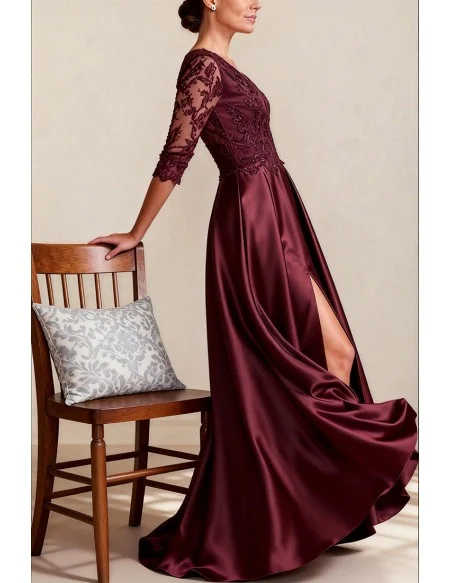 Burgundy Wedding Party Dress with Three Quarter Sleeve and High Slit Design
