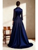 Navy Blue Taffeta Wedding Party Dress Three Quarter Sleeve and Embroidered Collar