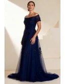 Navy Blue Long Wedding Party Dress with Sequin Applique Off Shoulder
