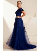 Navy Blue Long Wedding Party Dress with Sequin Applique Off Shoulder