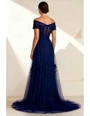 Navy Blue Long Wedding Party Dress with Sequin Applique Off Shoulder