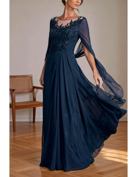 Elegant Navy Blue Chiffon Wedding Party Dress Embroidered Bodice with Cape Sleeve