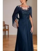 Elegant Navy Blue Chiffon Wedding Party Dress Embroidered Bodice with Cape Sleeve