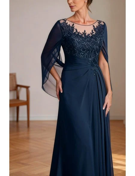 Elegant Navy Blue Chiffon Wedding Party Dress Embroidered Bodice with Cape Sleeve