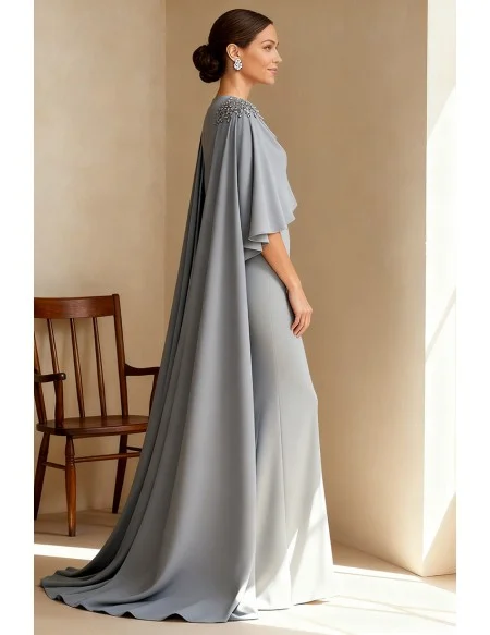 Formal Gray Wedding Party Dress with Cape Overlay and Fitted Silhouette