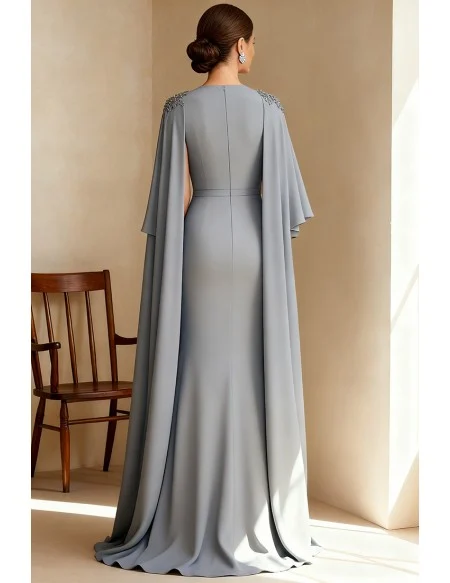 Formal Gray Wedding Party Dress with Cape Overlay and Fitted Silhouette
