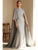 Formal Gray Wedding Party Dress with Cape Overlay and Fitted Silhouette