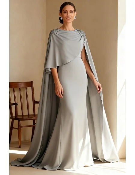 Formal Gray Wedding Party Dress with Cape Overlay and Fitted Silhouette