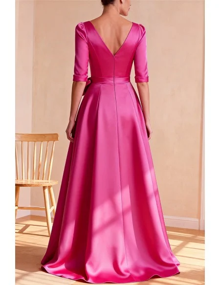 Hot Pink Wedding Party Dress with Three Quarter Sleeve and Large Bow