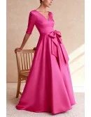 Hot Pink Wedding Party Dress with Three Quarter Sleeve and Large Bow