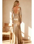 Gold Sequined Wrap Wedding Party Dress with Long Sleeves
