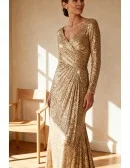 Gold Sequined Wrap Wedding Party Dress with Long Sleeves