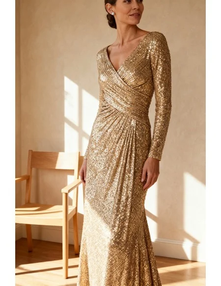 Gold Sequined Wrap Wedding Party Dress with Long Sleeves