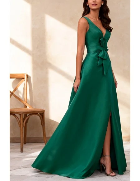 Green Satin Wedding Party Dress with V Neck and High Slit Design