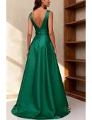 Green Satin Wedding Party Dress with V Neck and High Slit Design