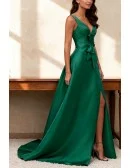 Green Satin Wedding Party Dress with V Neck and High Slit Design