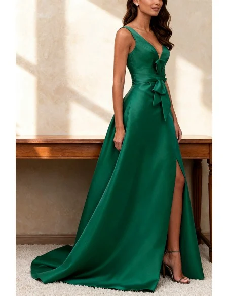 Green Satin Wedding Party Dress with V Neck and High Slit Design
