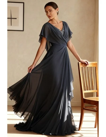 Dark Grey Wedding Party Dress Beaded V Neckline and Draped Ruffle Detail