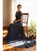 Dark Grey Wedding Party Dress Beaded V Neckline and Draped Ruffle Detail