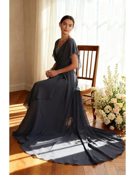 Dark Grey Wedding Party Dress Beaded V Neckline and Draped Ruffle Detail