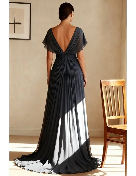 Dark Grey Wedding Party Dress Beaded V Neckline and Draped Ruffle Detail