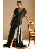 Dark Grey Wedding Party Dress Beaded V Neckline and Draped Ruffle Detail