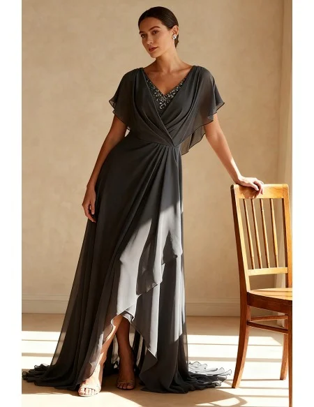 Dark Grey Wedding Party Dress Beaded V Neckline and Draped Ruffle Detail