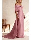 Pink Formal Wedding Party Dress with Draped Sleeve and Train