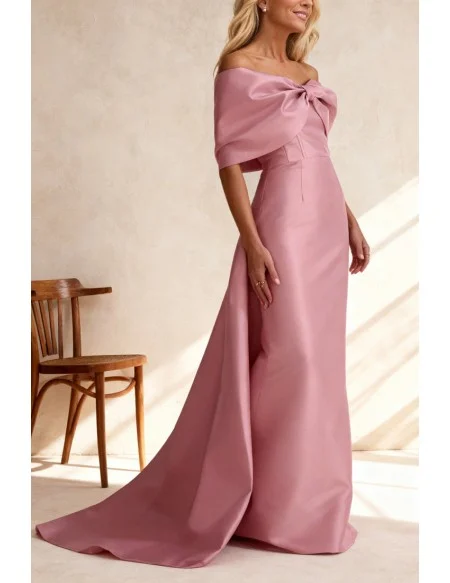 Pink Formal Wedding Party Dress with Draped Sleeve and Train