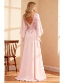 Elegant Pink Flowing Chiffon Wedding Party Dress with Cape Sleeve