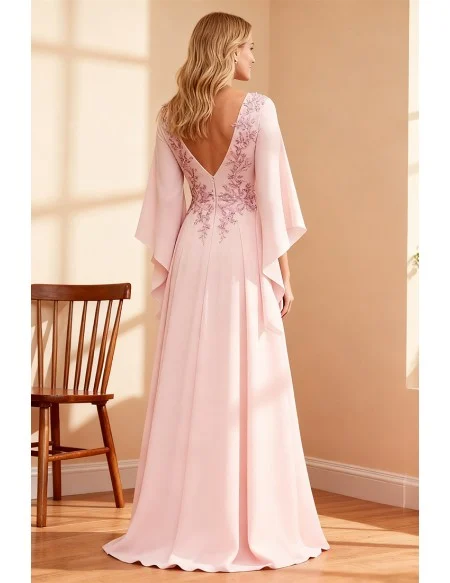 Elegant Pink Flowing Chiffon Wedding Party Dress with Cape Sleeve