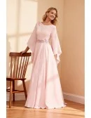 Elegant Pink Flowing Chiffon Wedding Party Dress with Cape Sleeve