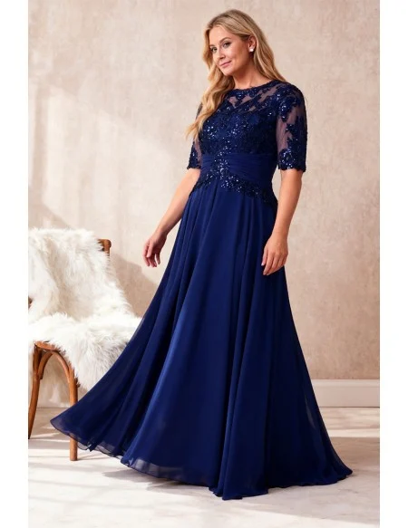 Navy Blue Wedding Party Dress with Sequin Bodice and Flowing Chiffon Skirt