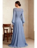 Formal Blue Wedding Party Dress with Long Sleeve and Embroidered Lace Detail