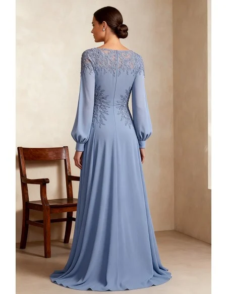 Formal Blue Wedding Party Dress with Long Sleeve and Embroidered Lace Detail