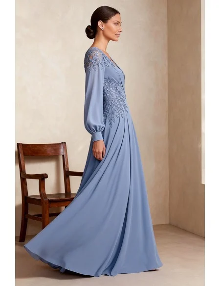 Formal Blue Wedding Party Dress with Long Sleeve and Embroidered Lace Detail
