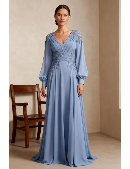 Formal Blue Wedding Party Dress with Long Sleeve and Embroidered Lace Detail