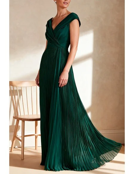Green Formal Wedding Party Dress with Cap Sleeve and Flowing Pleats