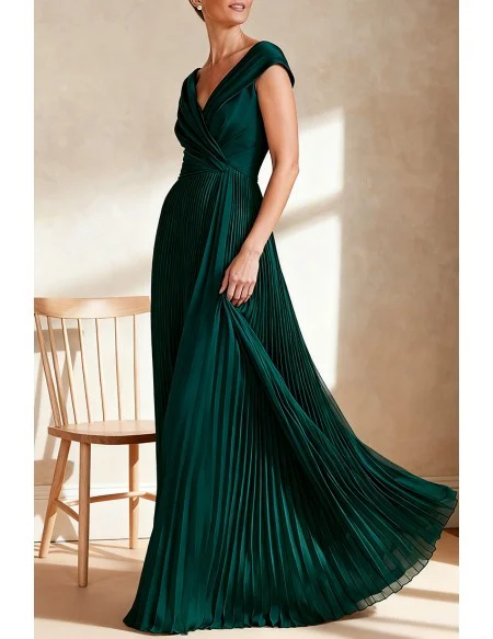 Green Formal Wedding Party Dress with Cap Sleeve and Flowing Pleats